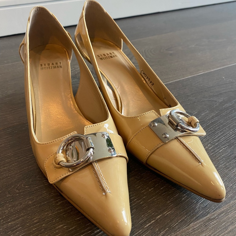 Size 7, Vintage Stuart Weitzman Patent Leather Pumps, Silver Buckle